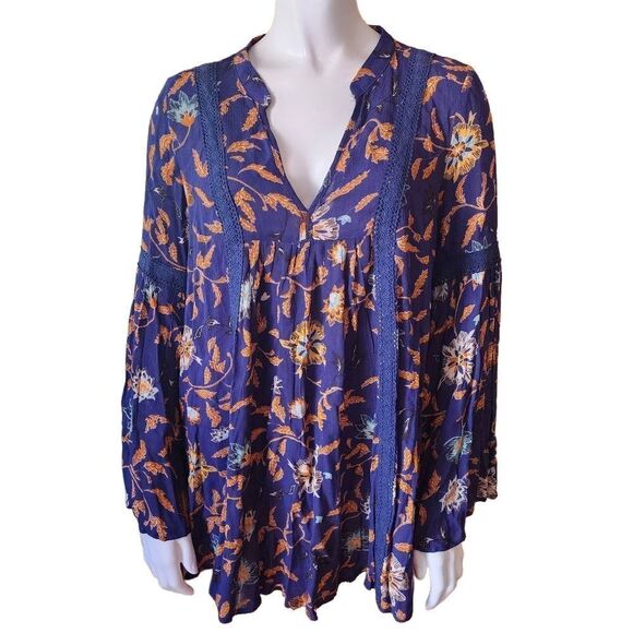 NWT I Joah Blue & Orange Floral Long Sleeve Blouse (S) - Picture 2 of 5